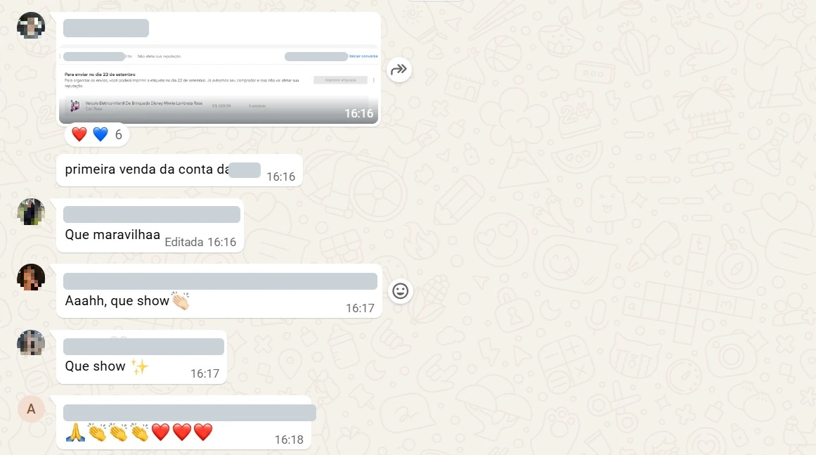 Grupo de WhatsApp comemorando o primeiro pedido da segunda conta do cliente