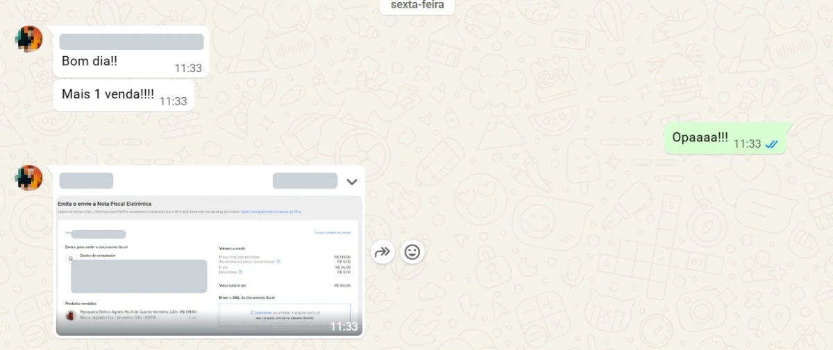 Conversa de WhatsApp com o lojista avisando mais uma venda no Mercado Livre